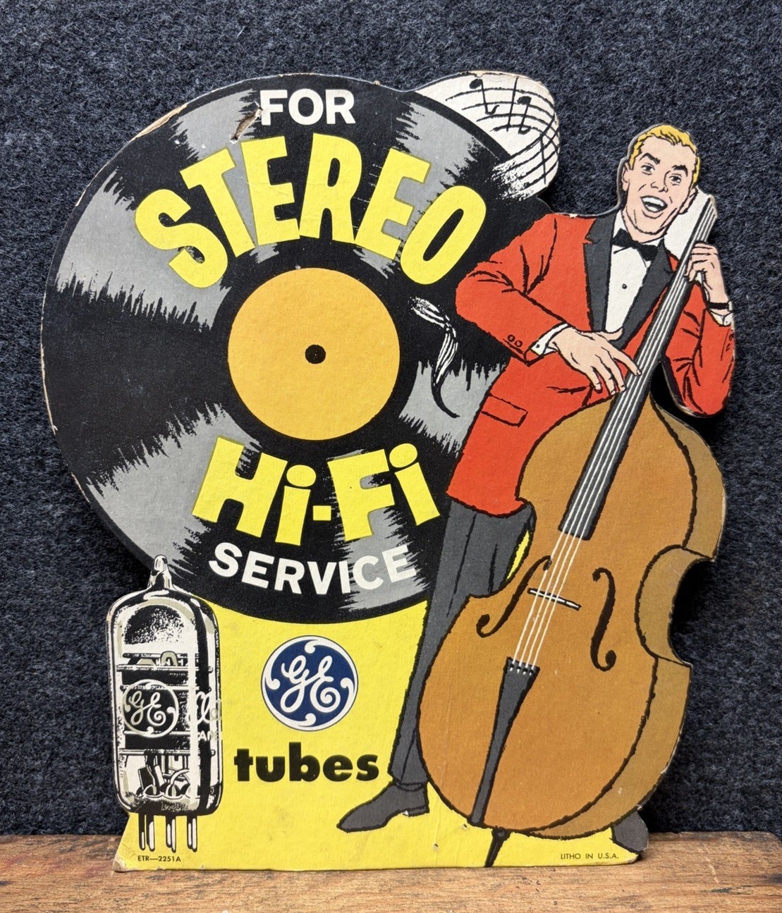 Vtg 1950s GE Tubes Stereo Music Hi-Fi Advertising Cardboard Easel Back Sign 8.5”