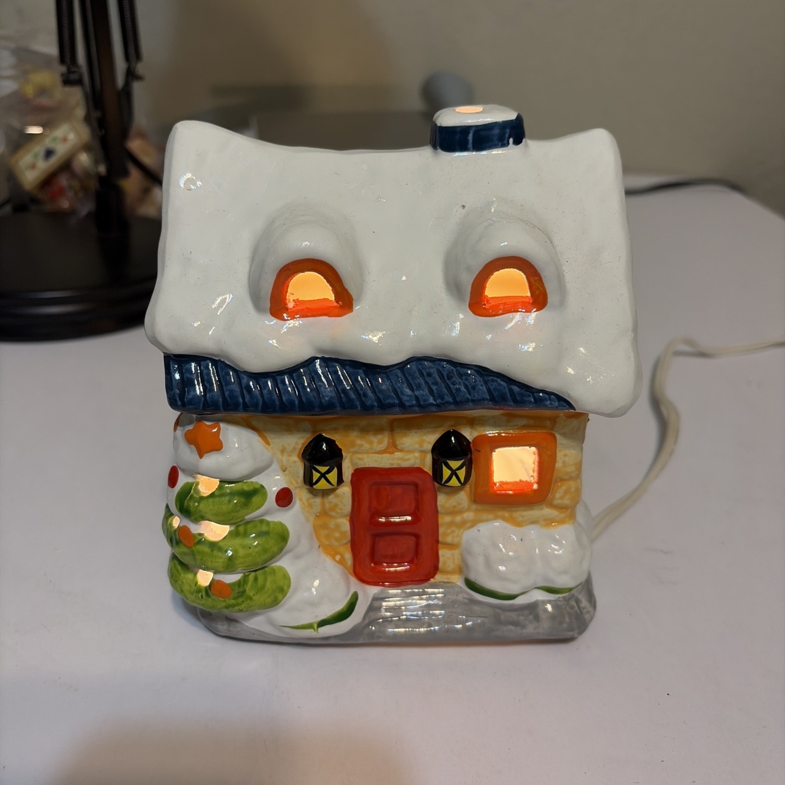 Vintage Ceramic Lighted Christmas Village House Snow Cottage Red Door Taiwan