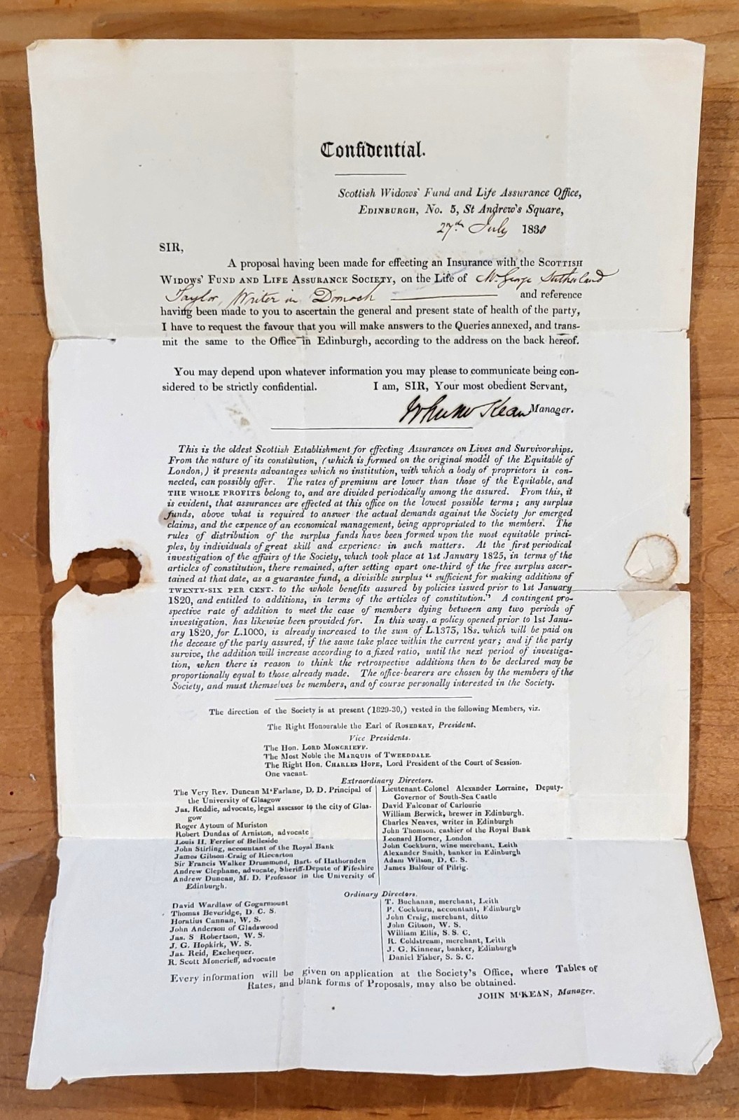 Antique 1830 document Dornoch, Scotland; Sutherland family member