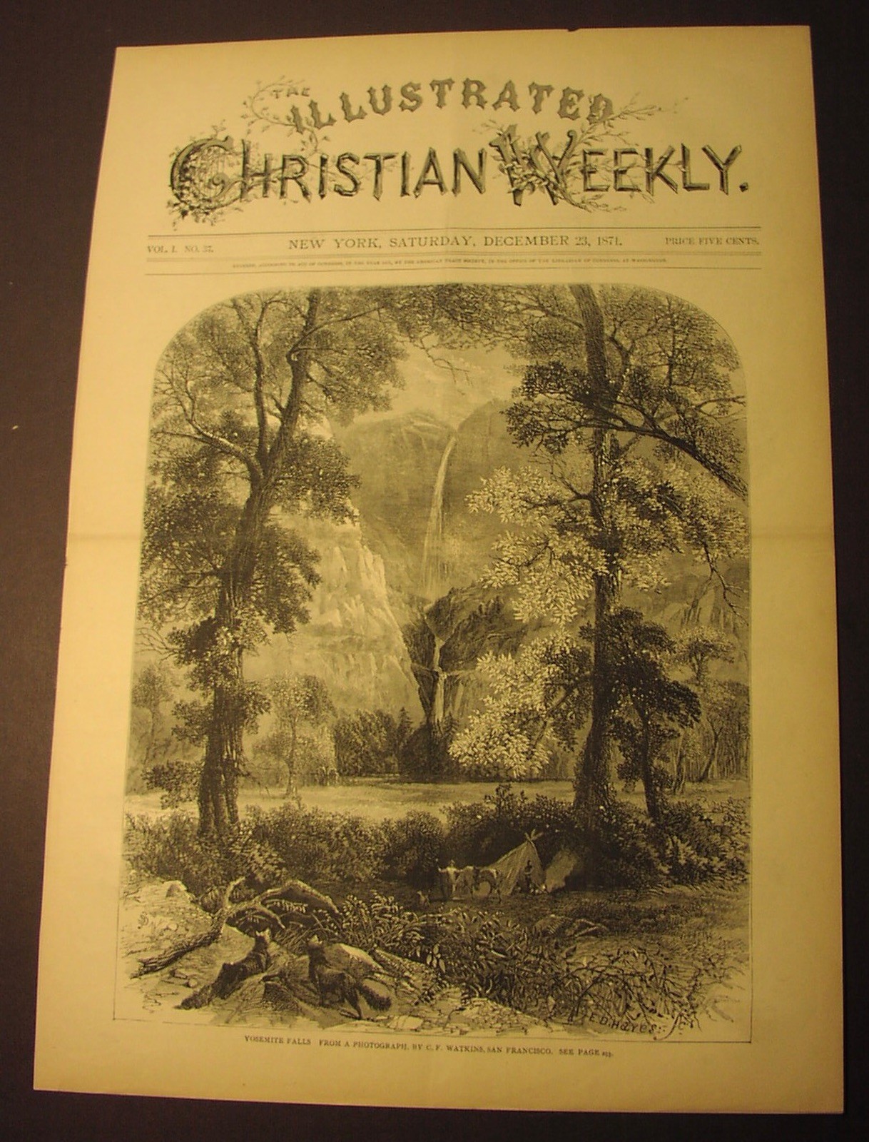1871 - YOSEMITE FALLS - very early scenic wood engraving, with text