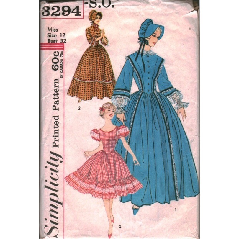 Vintage Simplicity 3294 Centennial Costume Square Dance Dress Bonnet Pattern 12 Vintage Simplicity 3294 Centennial Costume Square Dance Dress Bonnet Pattern 12