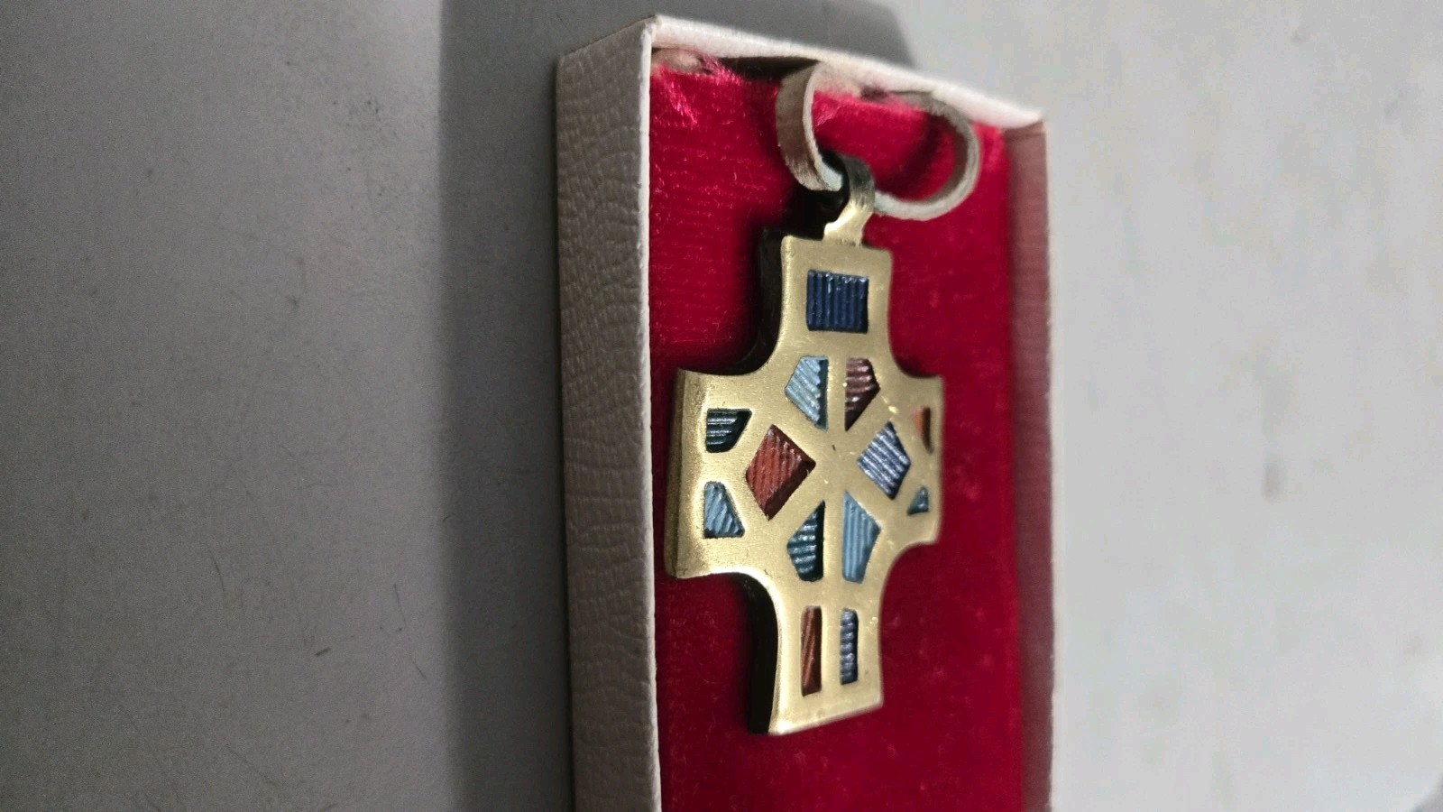 Terra Sancta Brass & Enamel Cross Pendant Israel Vintage 1966 2.25”x1.5”