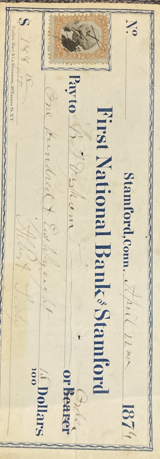 1874 Bank Check Payment  First National Bank Stamford Connecticut