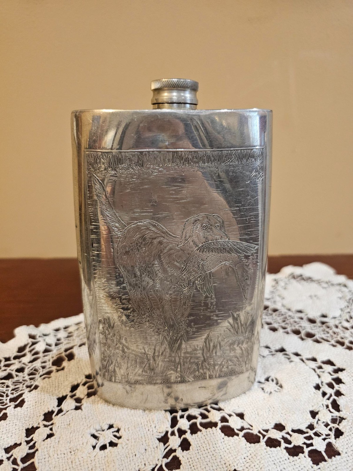 Vintage Sheffield Rose English Pewter Flask Hunting Dog Duck Double Sided