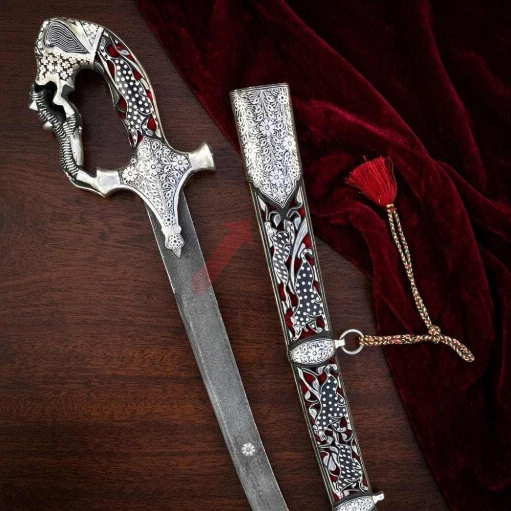 Imperial Mughal Shamshir — Handcrafted Damascus Steel Sword with Silver Jali