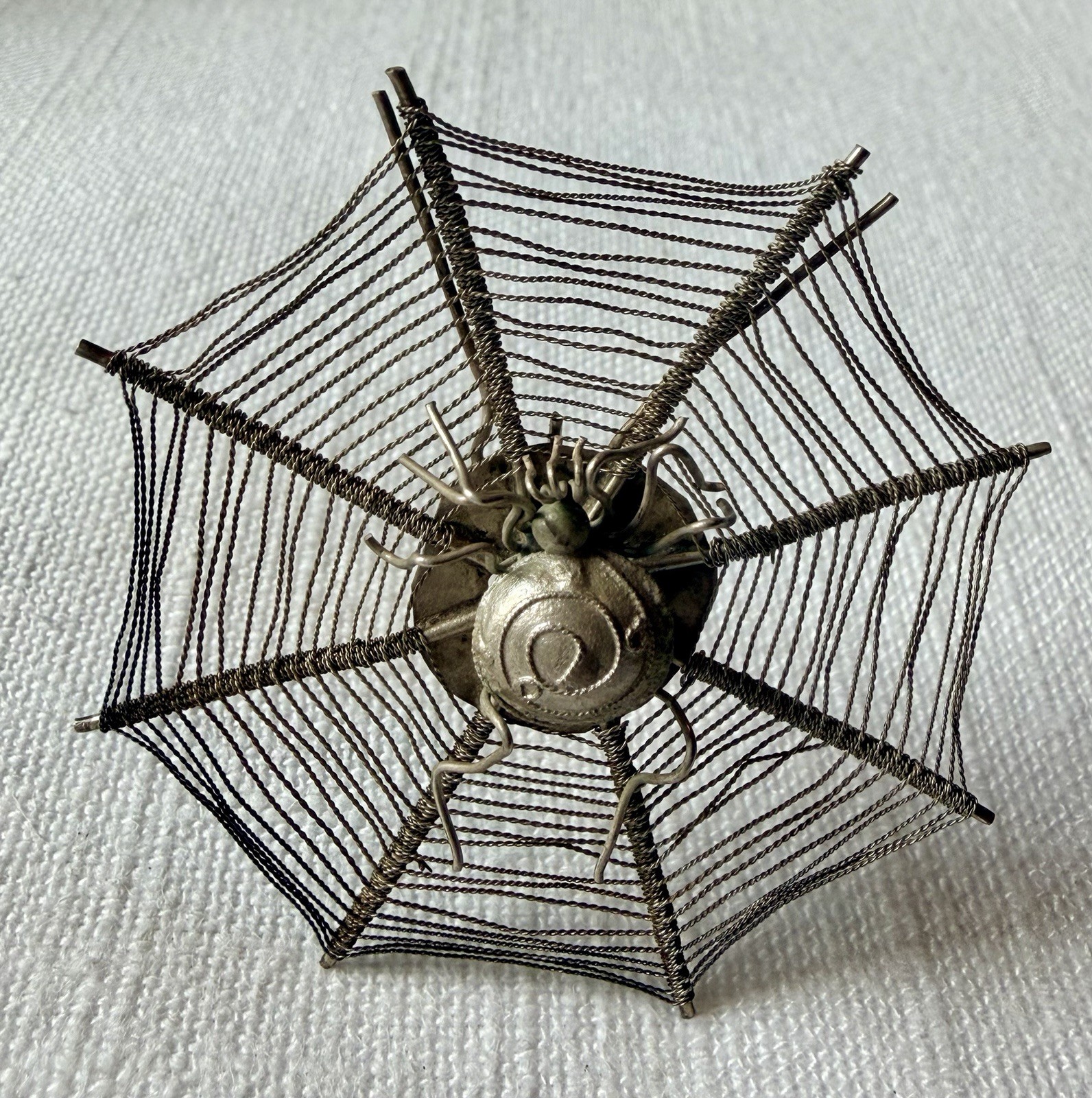 Antique Victorian Spider Web Place Card Holder Silverplate Wire Spider 2.3”