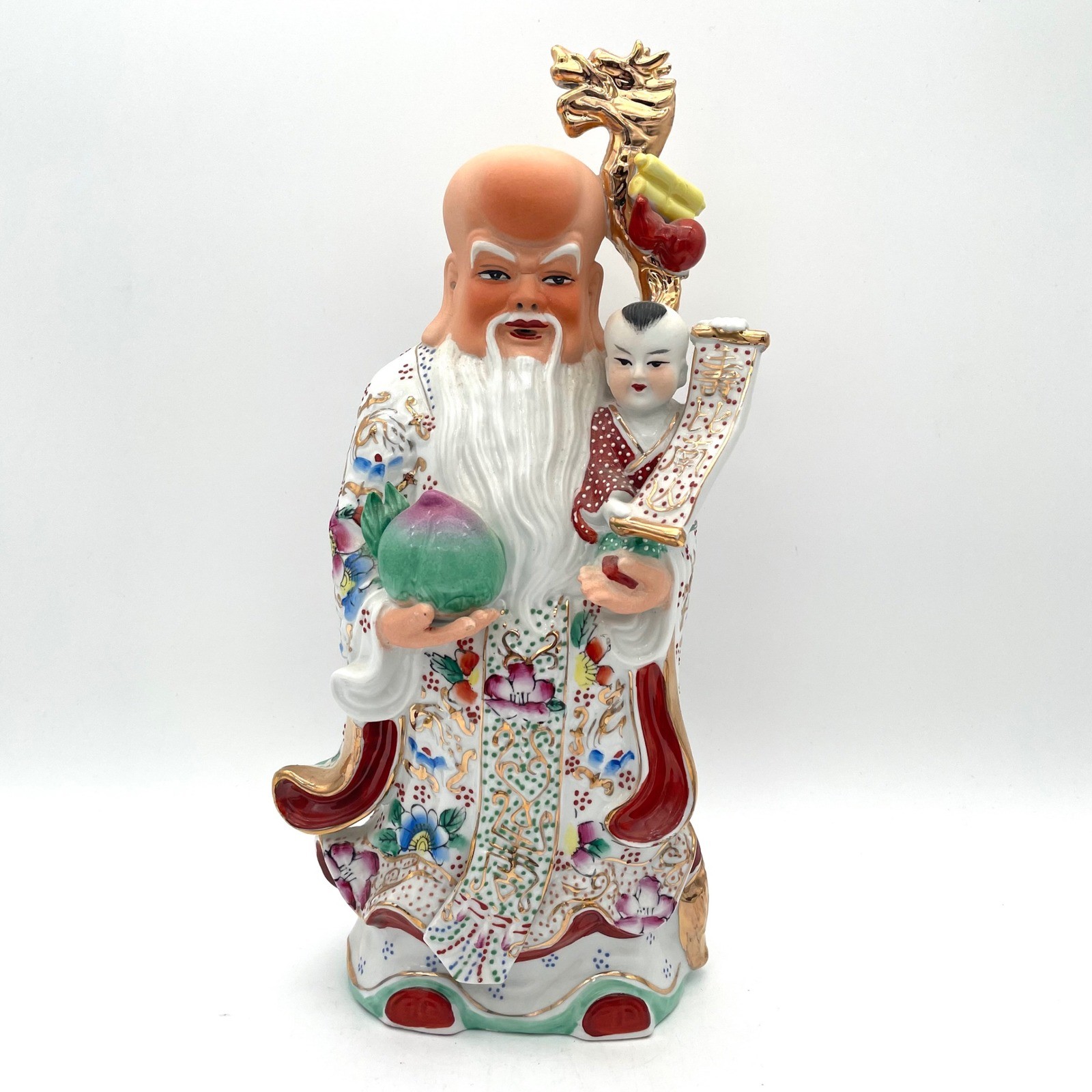 Vintage Chinese Porcelain Shou Xing God of Longevity Child Peach Dragon Good