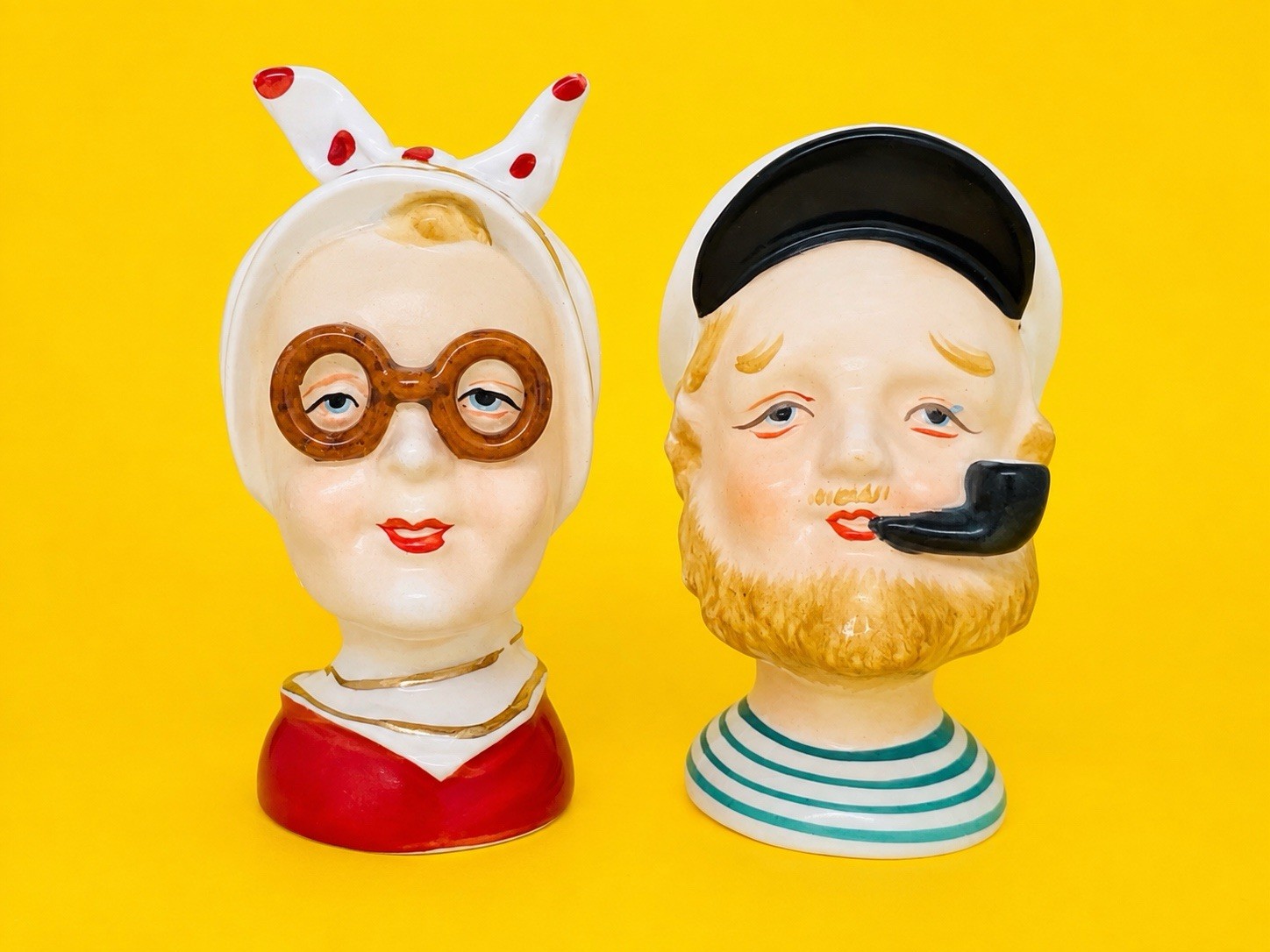 Vintage Sailor & Lady Ceramic Head Bust Figurines Pipe Glasses MCM Kitsch Japan Vintage Sailor & Lady Ceramic Head Bust Figurines Pipe Glasses MCM Kitsch Japan