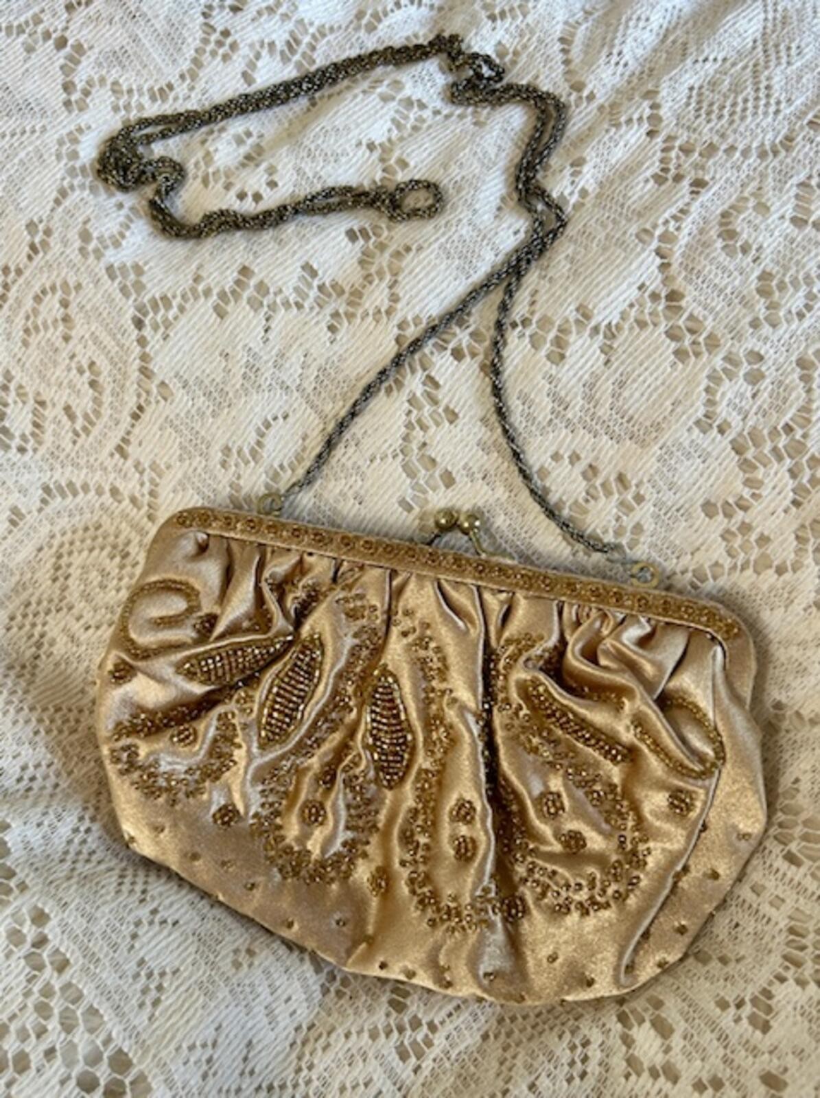 Vintage Beaded La Regale Gold Satin Evening Clutch Purse with Chain Strap