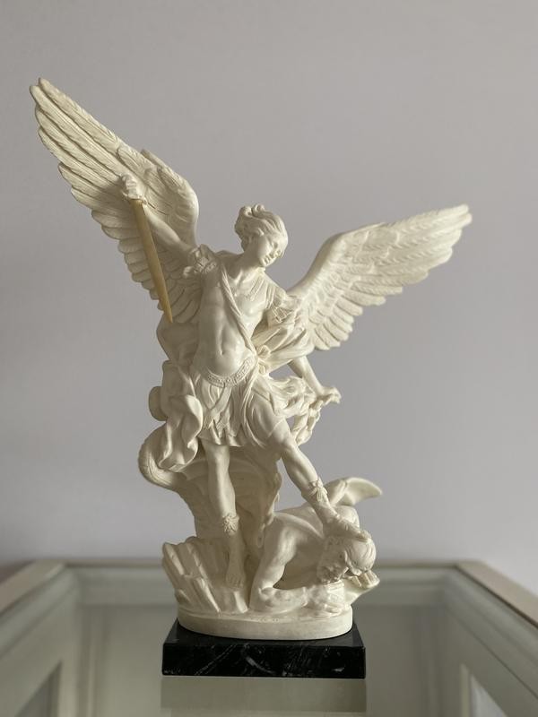 Italian Saint Michael Sculpture Marble Base Religious Decor Figure Statue