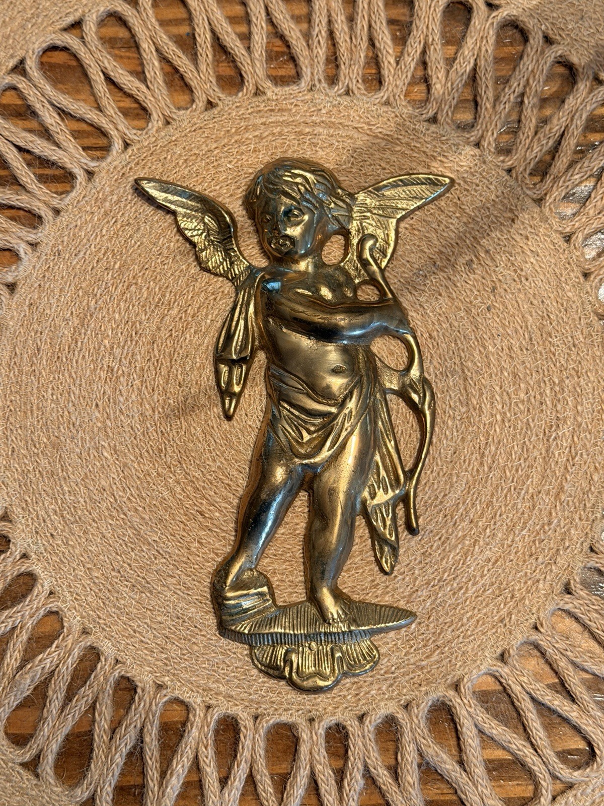 Vintage Solid Brass 7” Cherub Angel With Bow Wall Hanger Vintage Solid Brass 7” Cherub Angel With Bow Wall Hanger