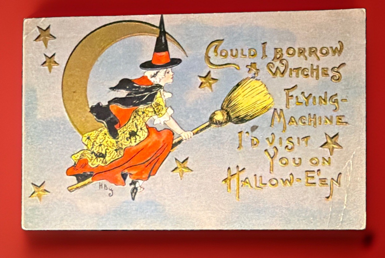 Antique L&E Embossed Halloween Postcard Witch on Moon Flying Machine Hb Griggs