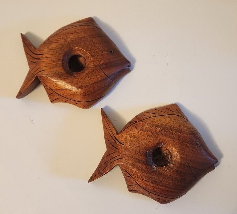Vintage Tropical Wooden Fish Carved Taper Candle Holders - Set of 2 - Mcm Hawaii