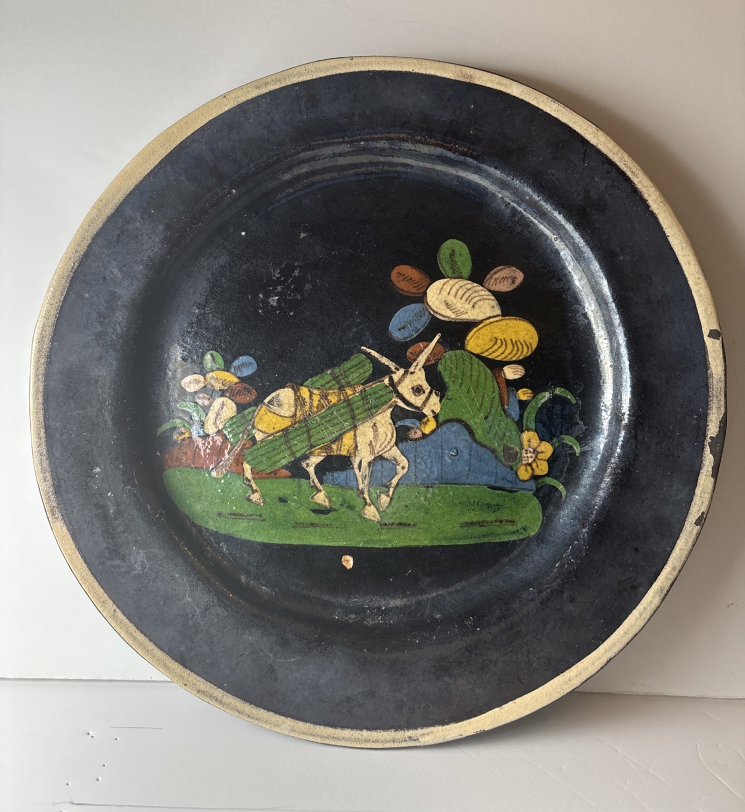 Vintage handpainted Mexican  Tlaquepaque pottery plate with Laden Burro  11.1/4”