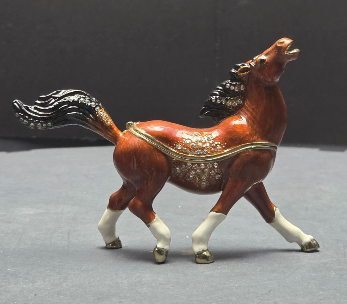 CIEL Jeweled Running Horse Trinket Box Brown Enamel Austrian Crystal Hinged