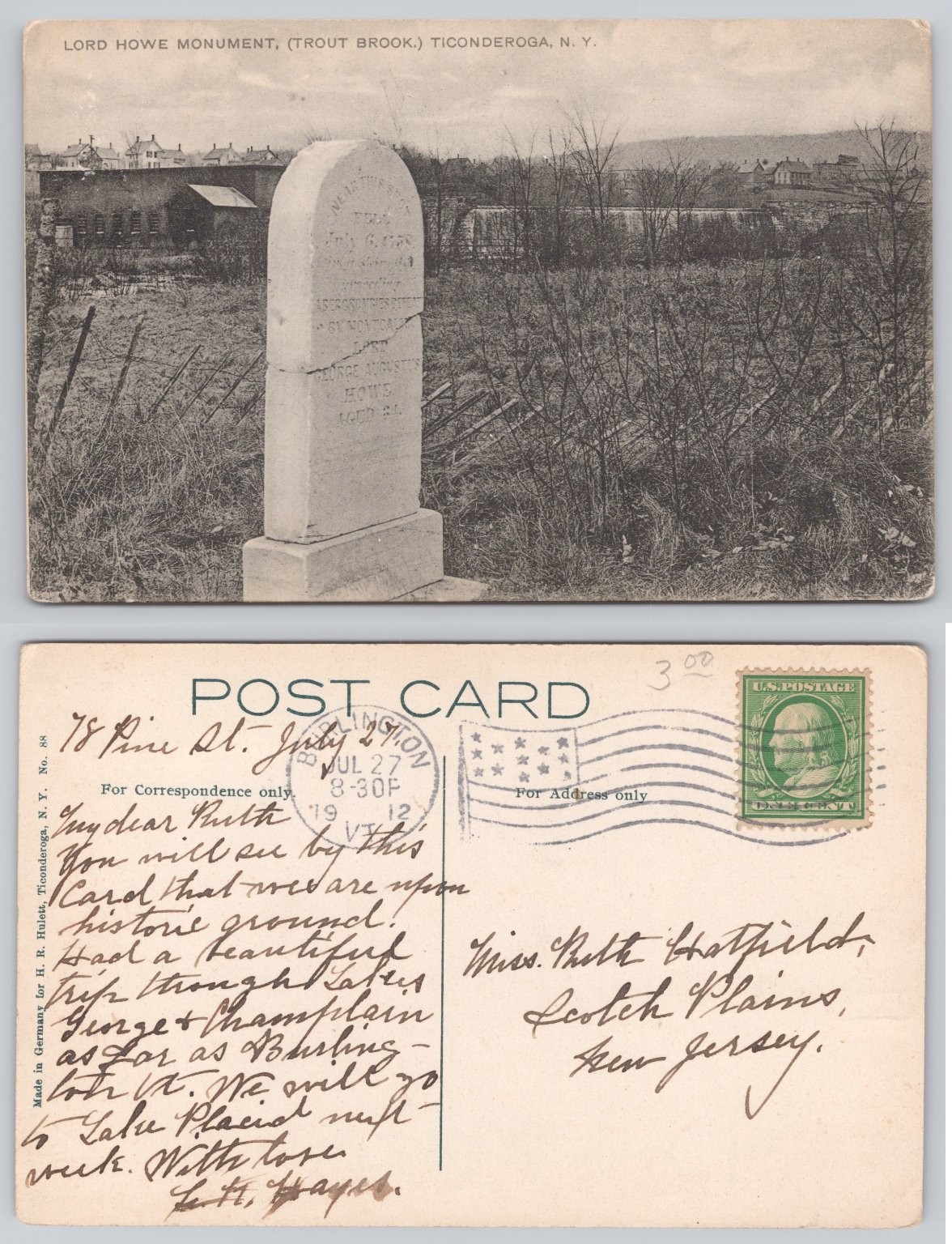 Lord Howe Monument Trout Brook Ticonderoga NY Postcard 1912 German Print