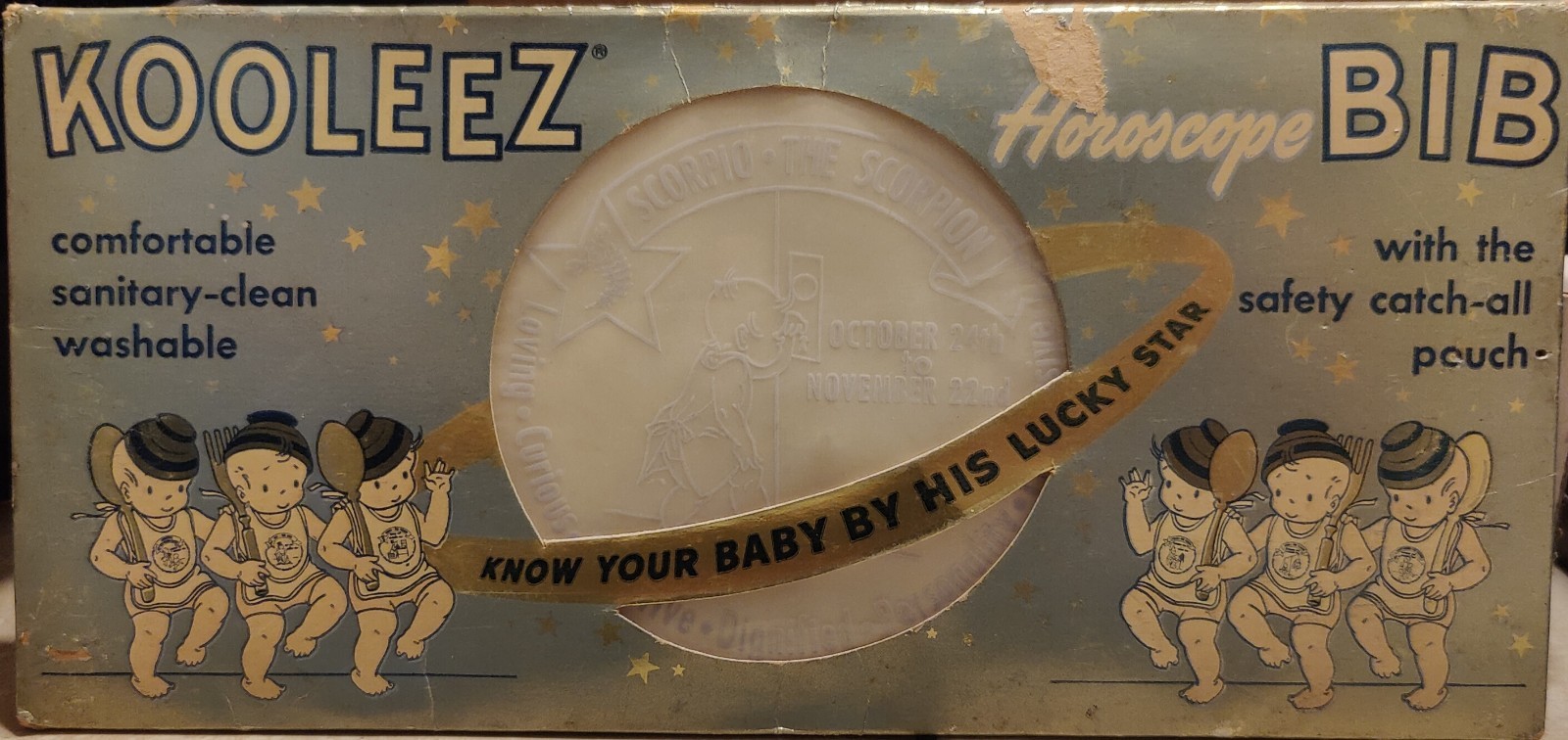 Vintage 1949 Kooleez Horoscope Baby Bib Playtex Zodiac Astrology w/ Original Box