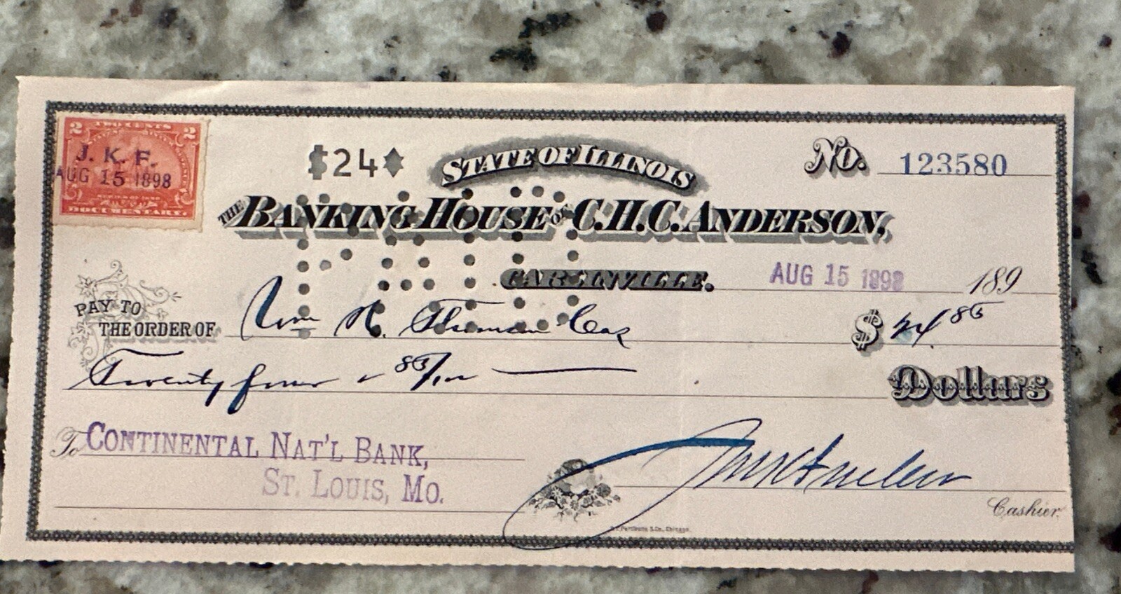 Old 1898 canceled Check with stamp RARE JKF