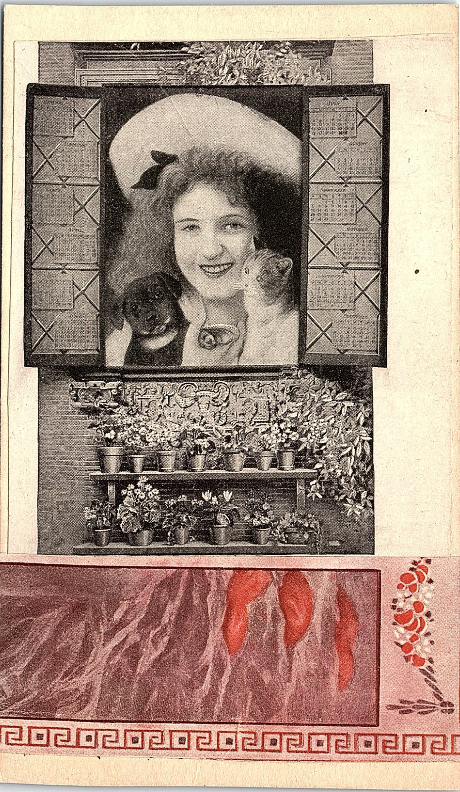 Vintage Postcard 1920s? Art Deco Lady Dog Floral Fashion Glamour Greeting