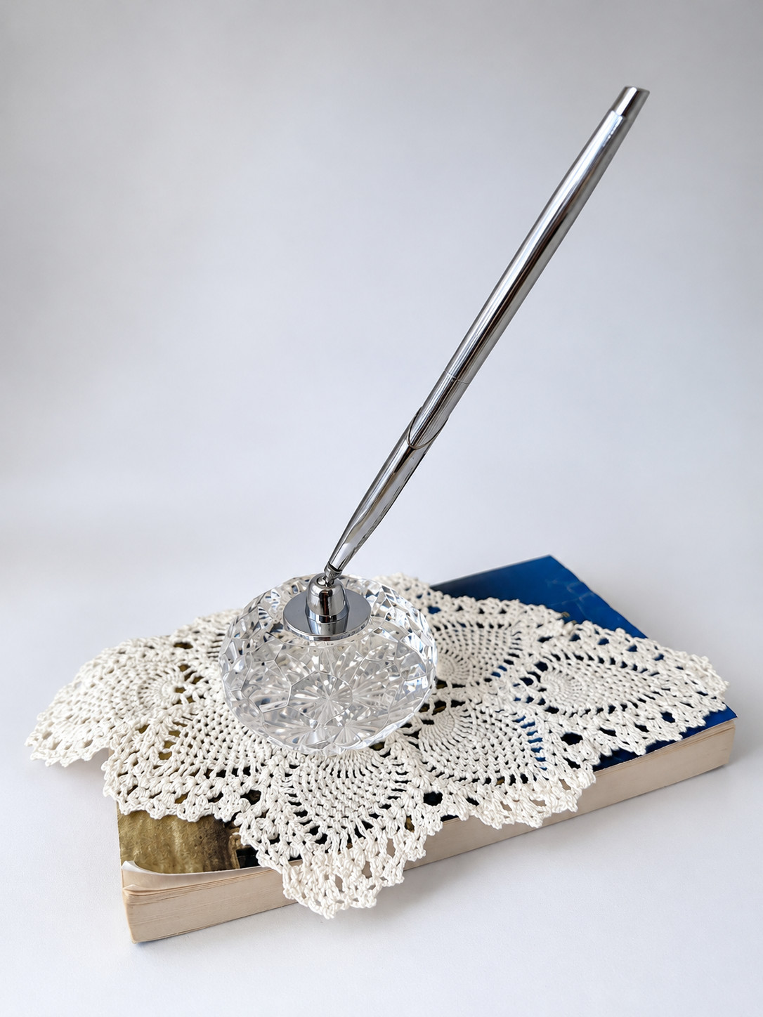 Waterford Crystal Desk Pen Holder with Silver-Tone Pen Cut Glass