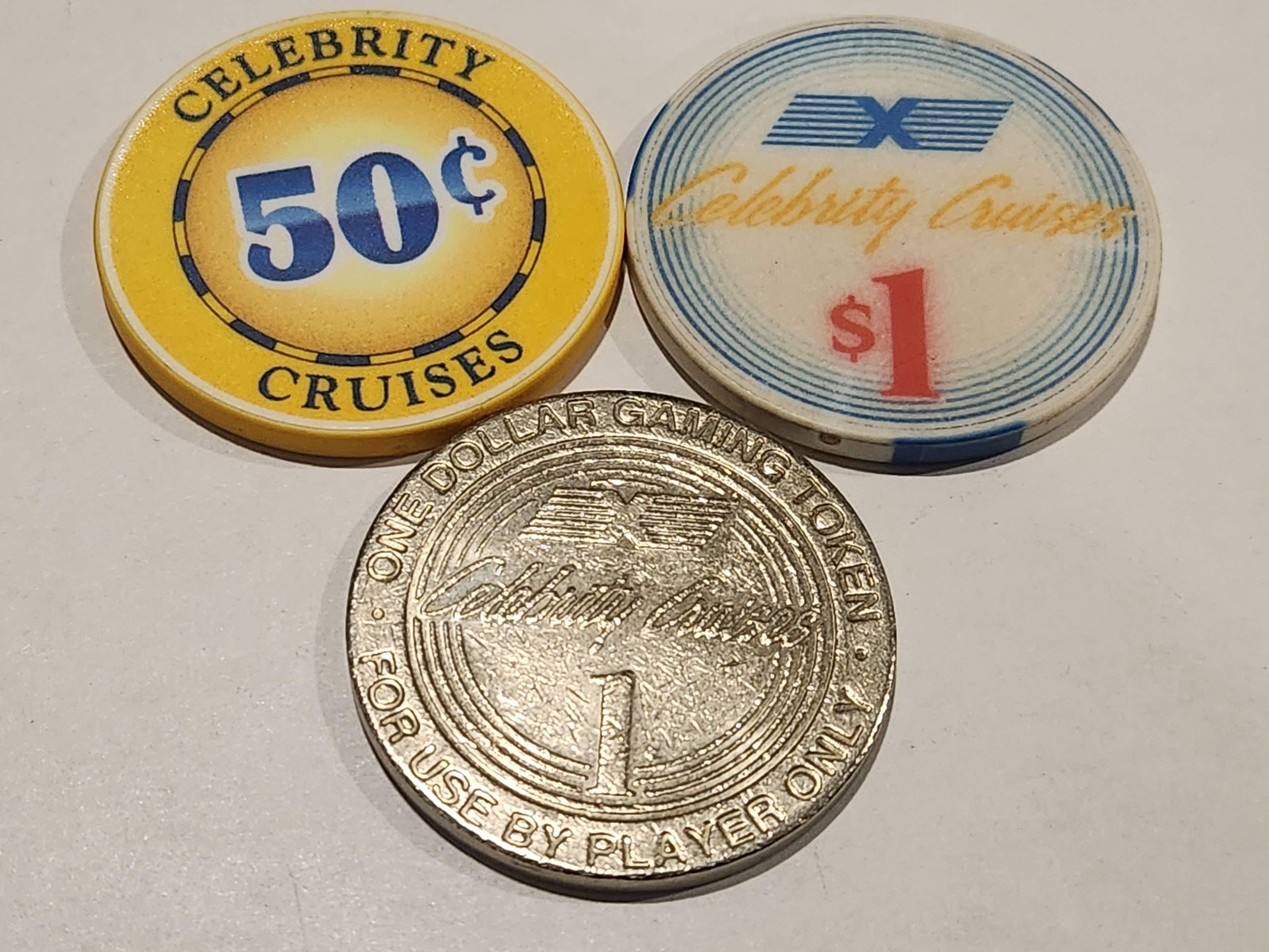 CELEBRITY CRUISES Cruise Ship Casino Wet Chips & Token **Lot of 3** $.50, $1, $1