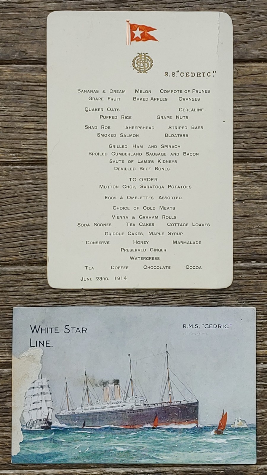 Original Antique 1914 RMS Cedric White Star Line Menu and Postcard