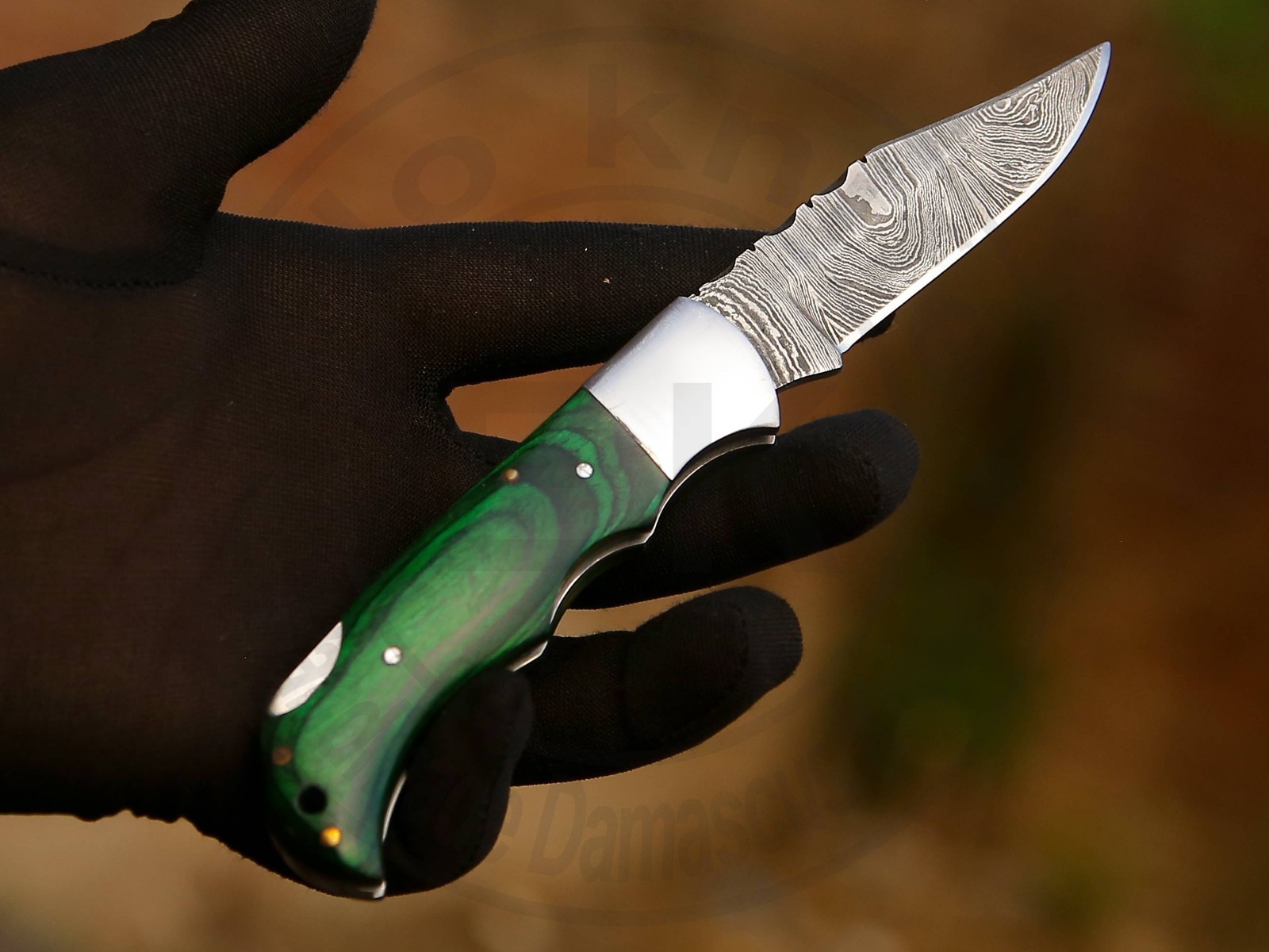 Handmade Damascus Steel Pocket Knife Greenwood Folding Knife for Camping Outdoor