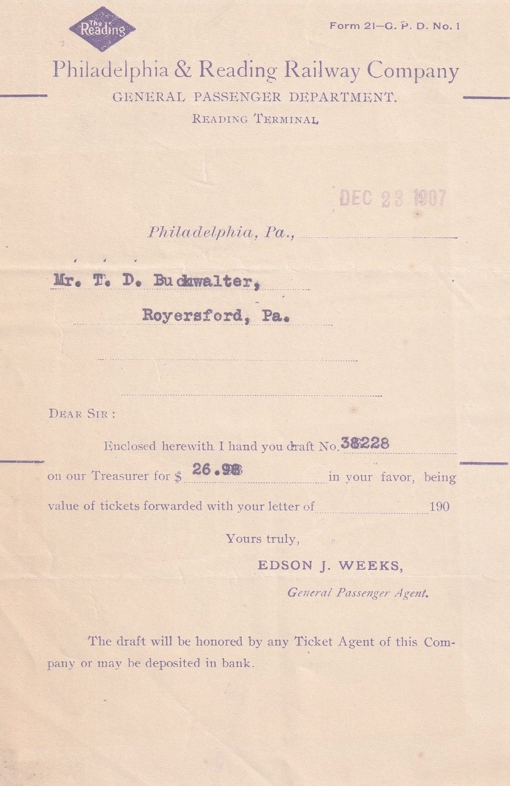 Philadelphia & Reading Railway Company Ticket Refund Letter 1907 Philadelphia Philadelphia & Reading Railway Company Ticket Refund Letter 1907 Philadelphia