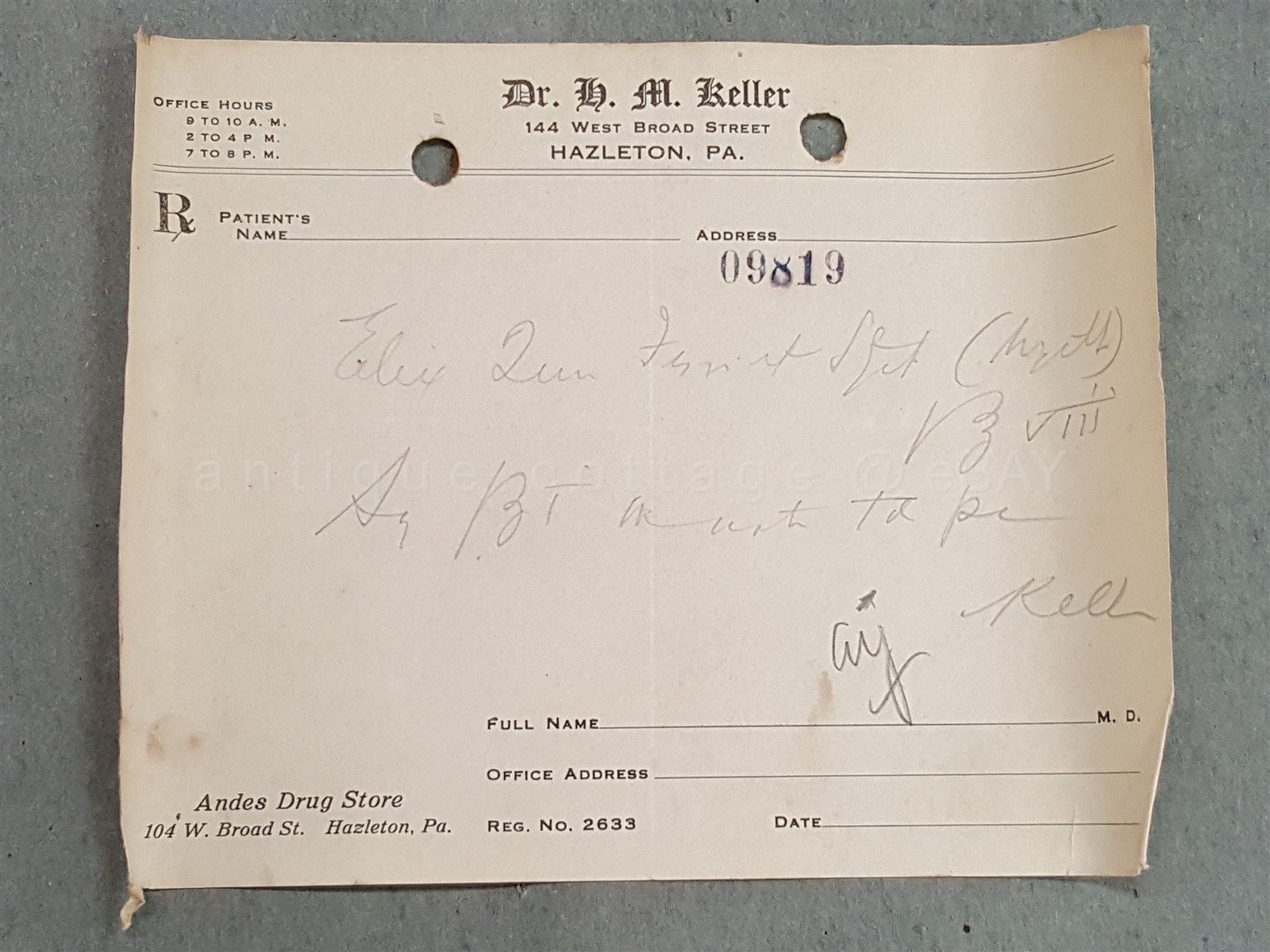 1923 antique DRUGGIST PRESCRIPTION hazleton pa DR. H. M. KELLER