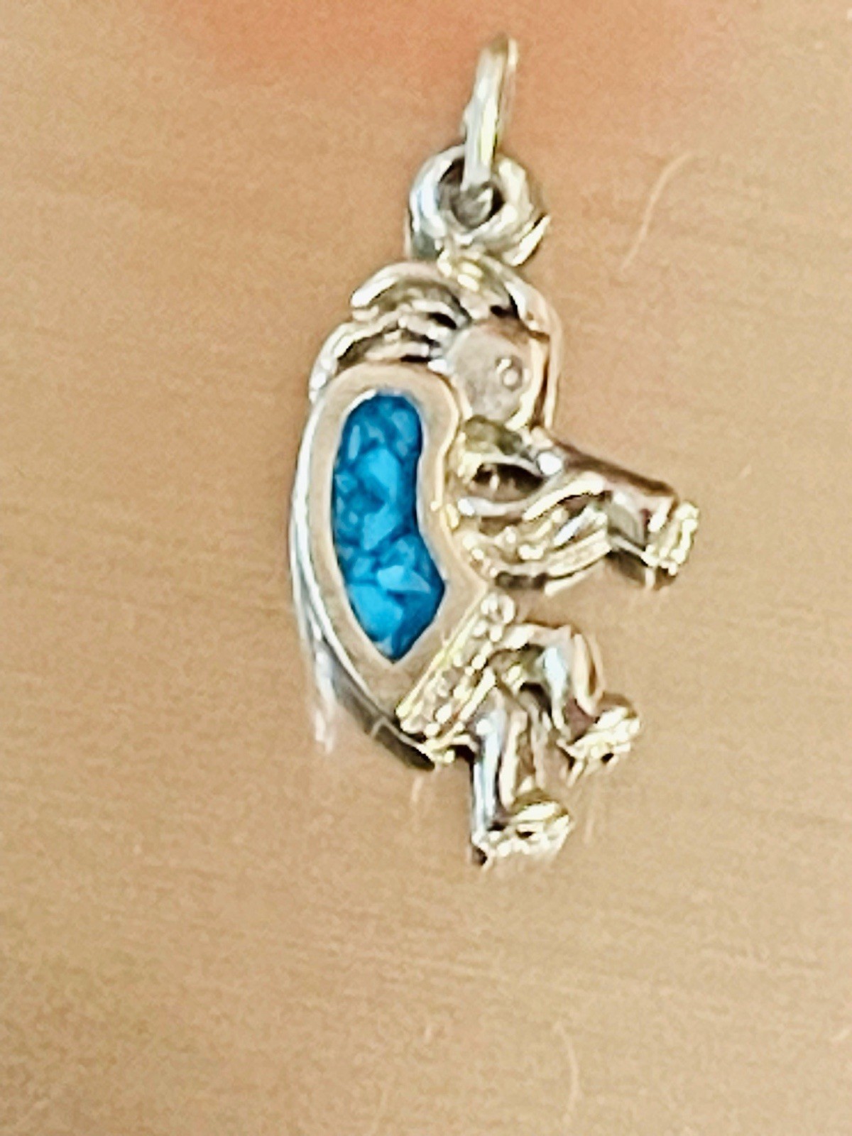 VTG Native American Inlaid Crushed Turquoise Kokopelli Sterling Silver Pendant