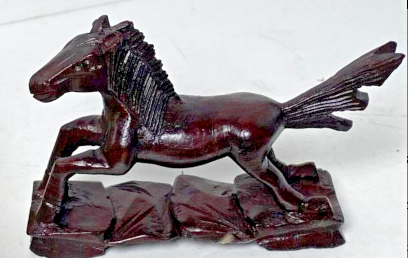 Vintage Chinese Hand Carved Rosewood (or Boxwood) Mu Wang Horse Glass Eyes 3.5\