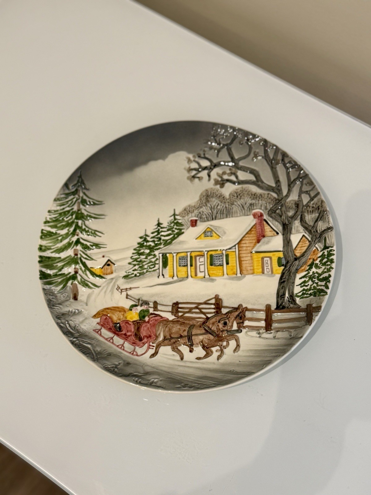 Vintage West Germany Hand Painted 3D Winter Sleigh Scene Ceramic Wall Plate 13”