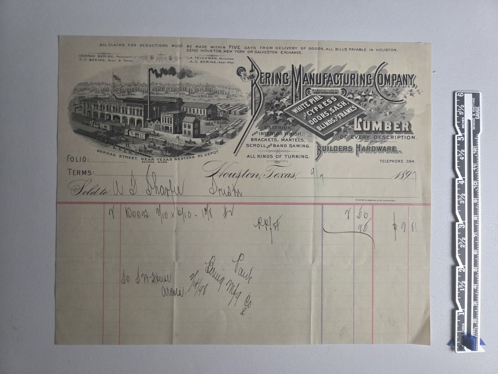 1890s Bering Manufacturing Co Houston Texas Lumber Billhead Illustrated Factory