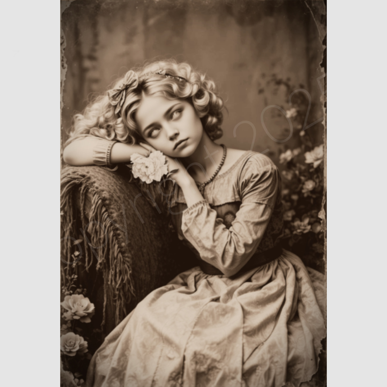 Young Girl Curls Photo Post Mortem Print Funeral Flowers Victorian Photograph