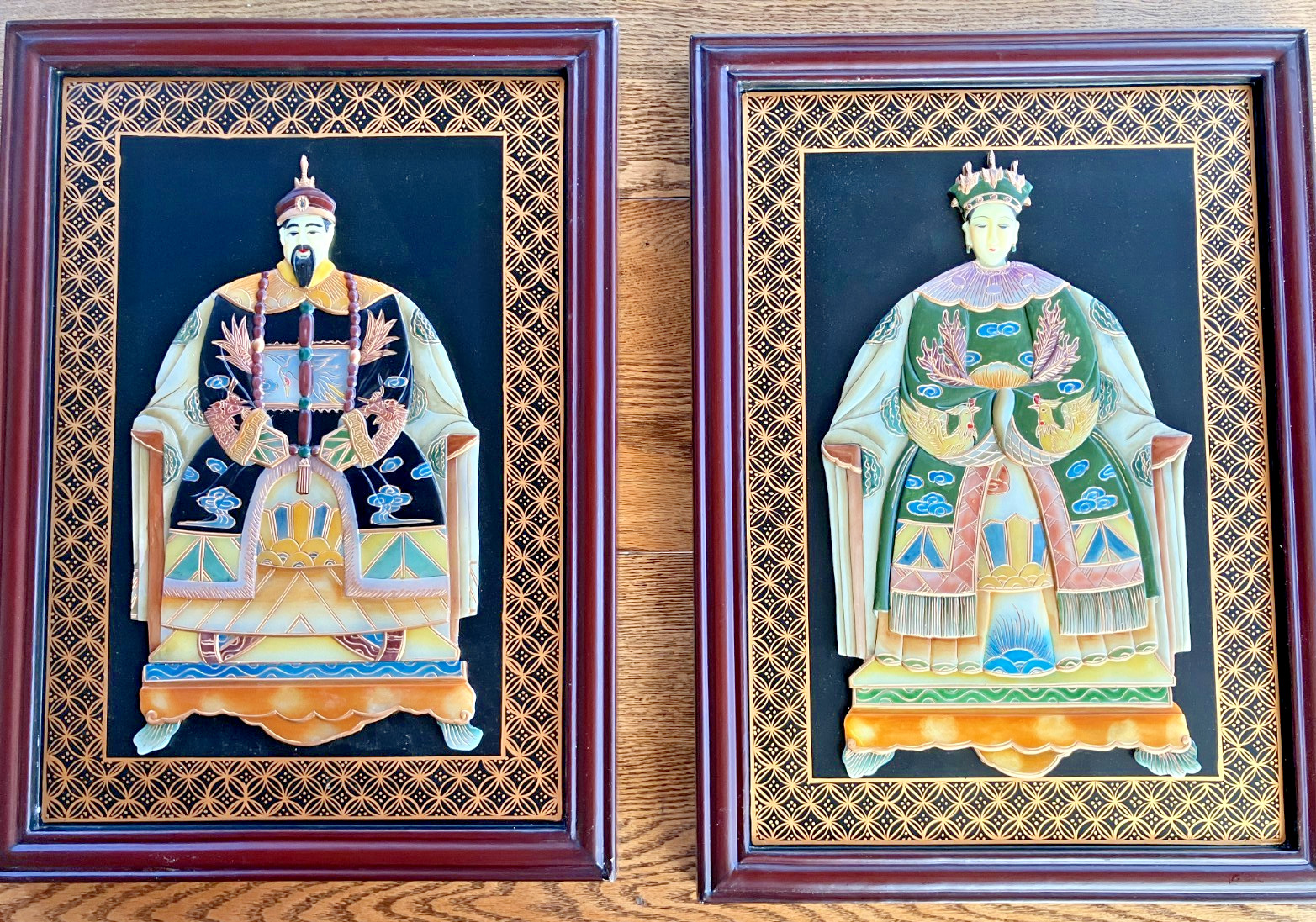 Pair of Vintage Wall Art Chinese Qing Dynasty-Style Soapstone Royalty 17x22