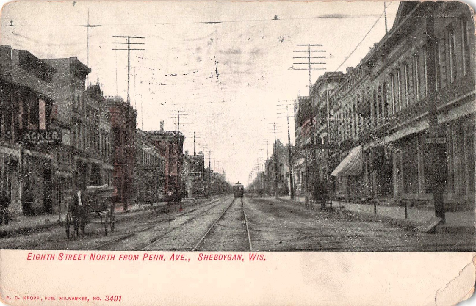 Eighth Street North Sheboygan Wisconsin Downtown Trolley c1907 Vtg Postcard I1