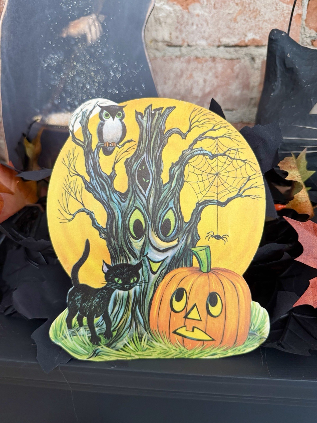 VTG Small 1950s/60s Die Cut Featuring Spooky Tree, Cat, Owl, And Jack-o-lantern VTG Small 1950s/60s Die Cut Featuring Spooky Tree, Cat, Owl, And Jack-o-lantern