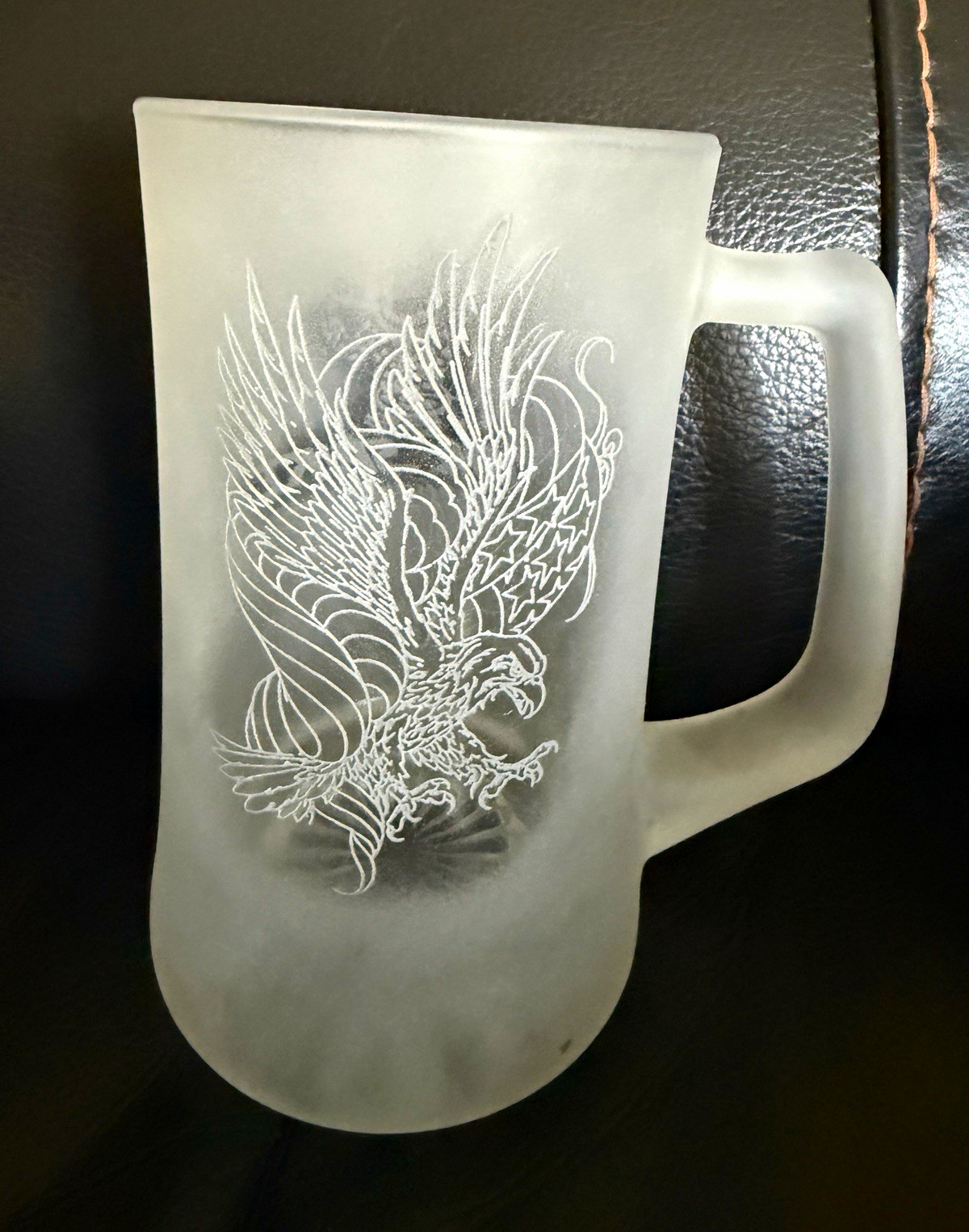 The Spike Frosted Glass Beer Mug Stein Eagle American Flag Etched 7” Heavy