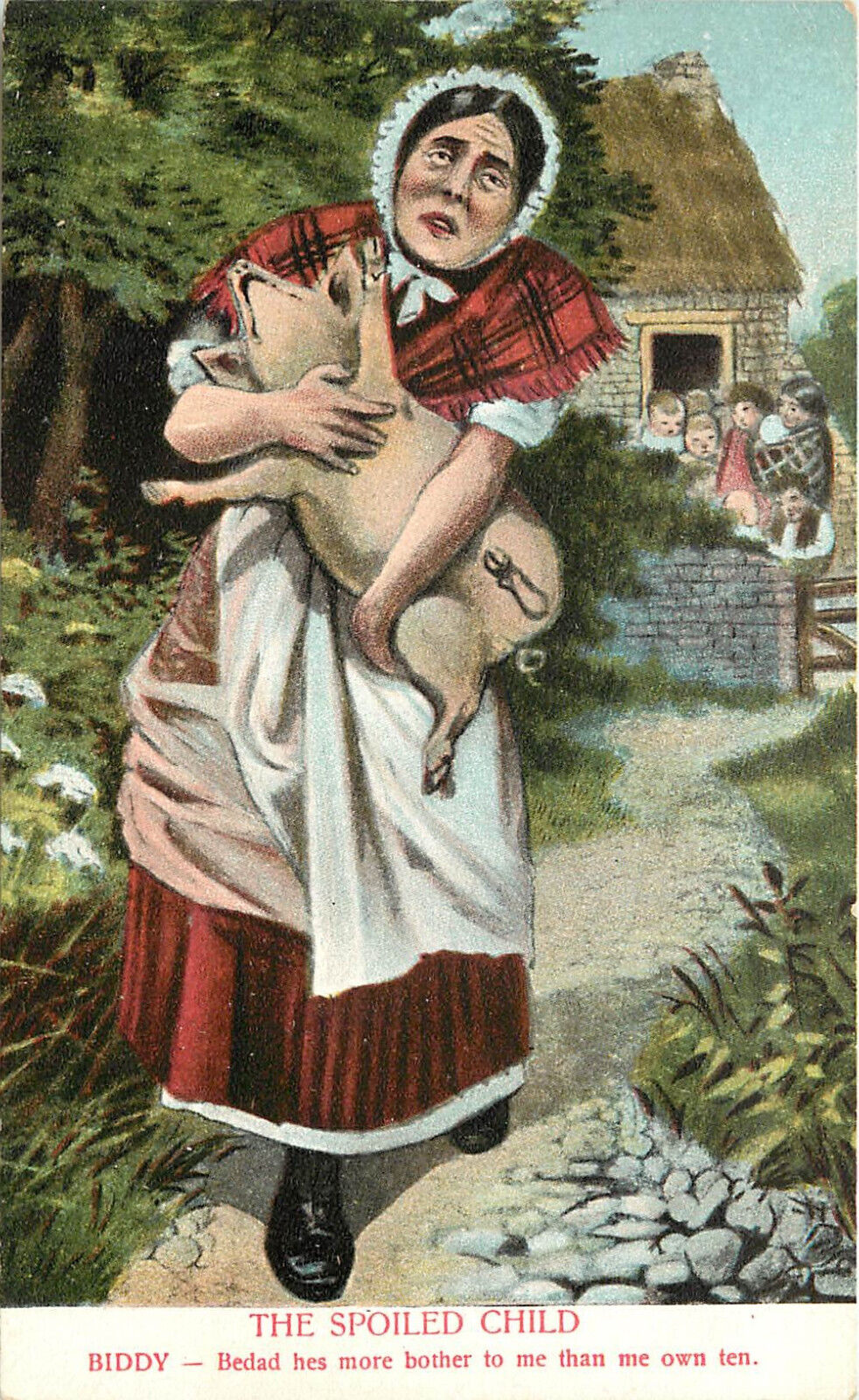 Postcard Spoiled Child Woman Carries Squirming Pig Piglet Owens Bros