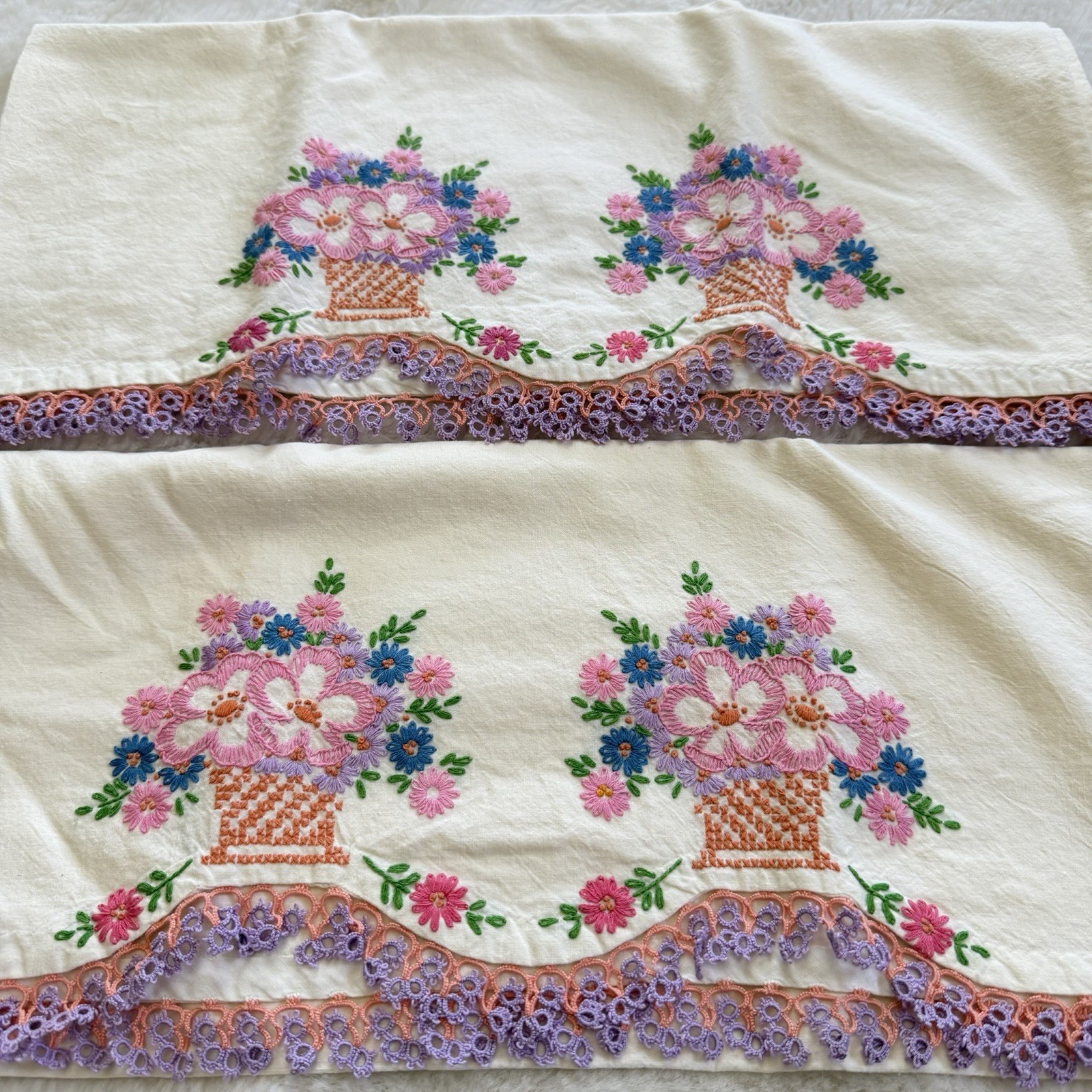 Vintage Hand Embroidered Floral Basket Pillowcases Pair Crochet Trim 30x18 Vintage Hand Embroidered Floral Basket Pillowcases Pair Crochet Trim 30x18