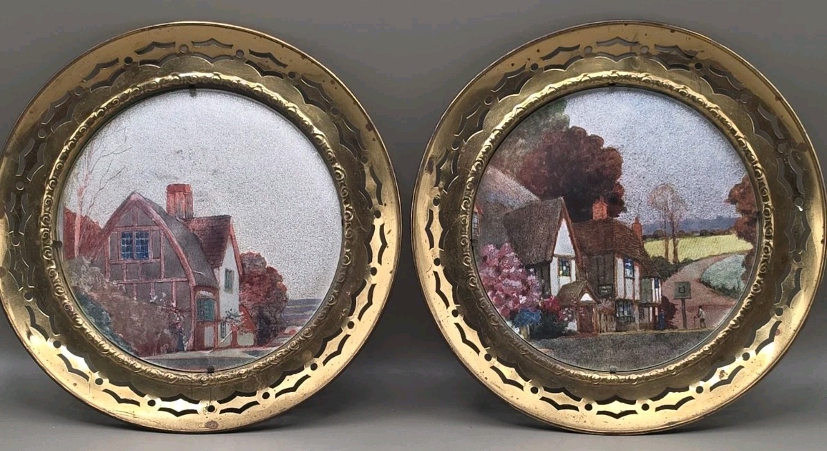 Vintage Pair Brass Butterfly Wall Plaques English Village Prints Made in England Vintage Pair Brass Butterfly Wall Plaques English Village Prints Made in England