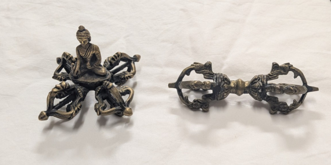 Vintage Tibetan Dorje & Buddha on Double Vajra - Buddhist Visvavajra Thunderbolt