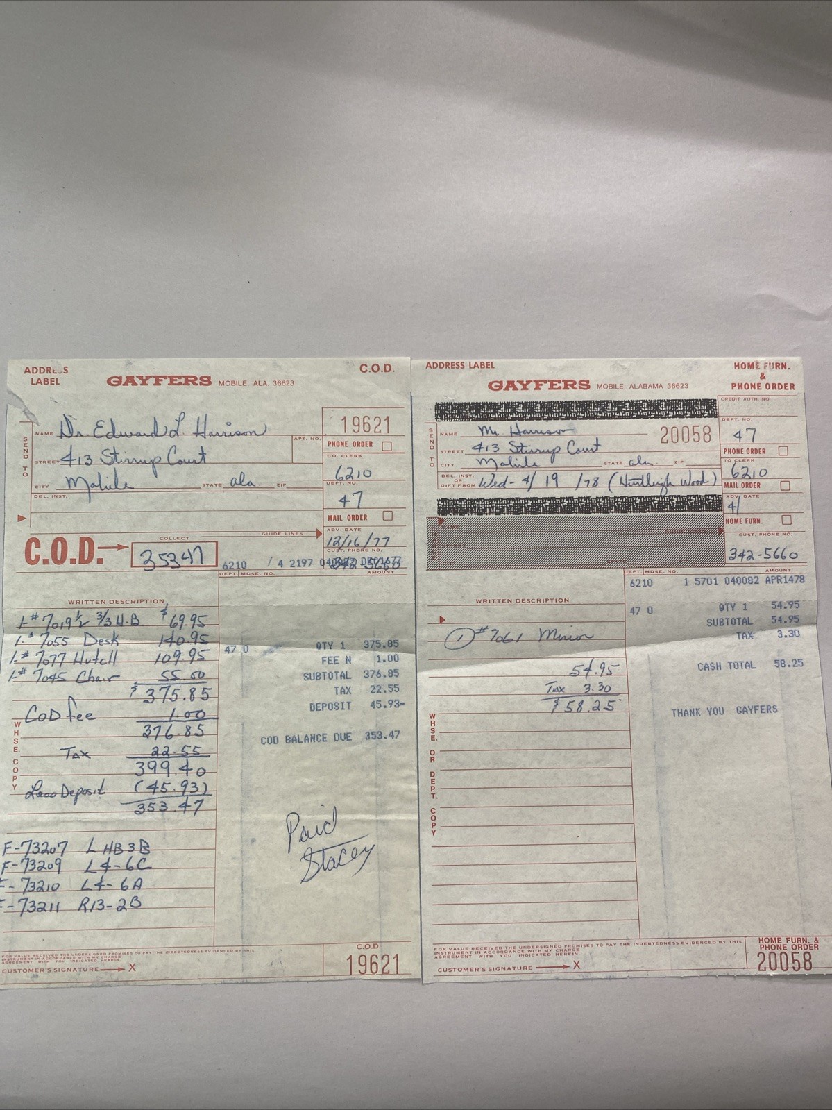 Two Vintage Gayfers Receipts 1977