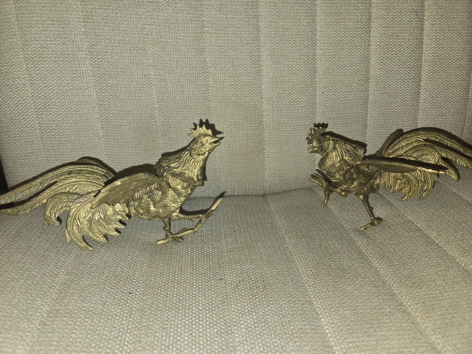 60s Vintage Cast Brass Fighting Roosters Chickens Figurines Set MCM