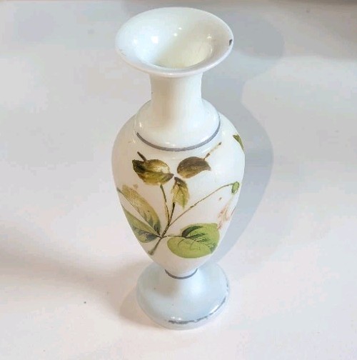 Antique Victorian Bristol Glass Vase Hand Painted Floral Blue Trim Footed Urn Antique Victorian Bristol Glass Vase Hand Painted Floral Blue Trim Footed Urn