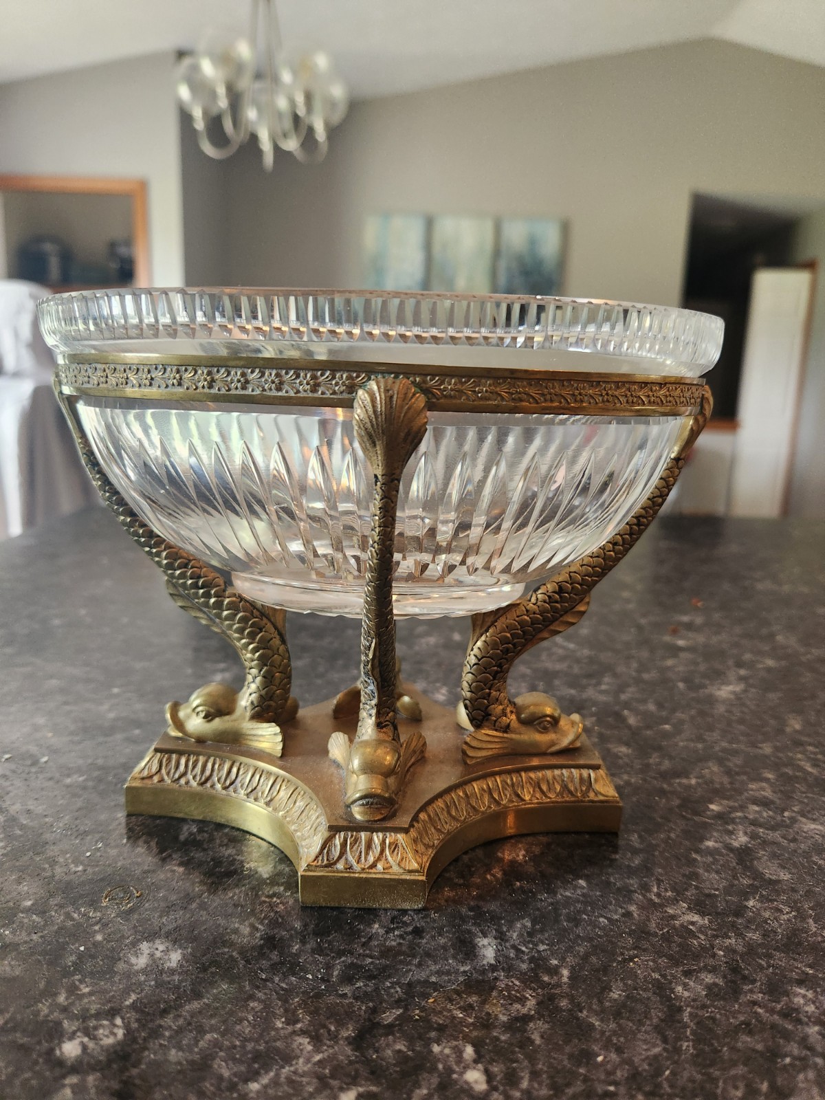 19 C Antique French Crystal Bowl on Bronze Dolphin Koi Fish Pedestal Centerpiece 19 C Antique French Crystal Bowl on Bronze Dolphin Koi Fish Pedestal Centerpiece