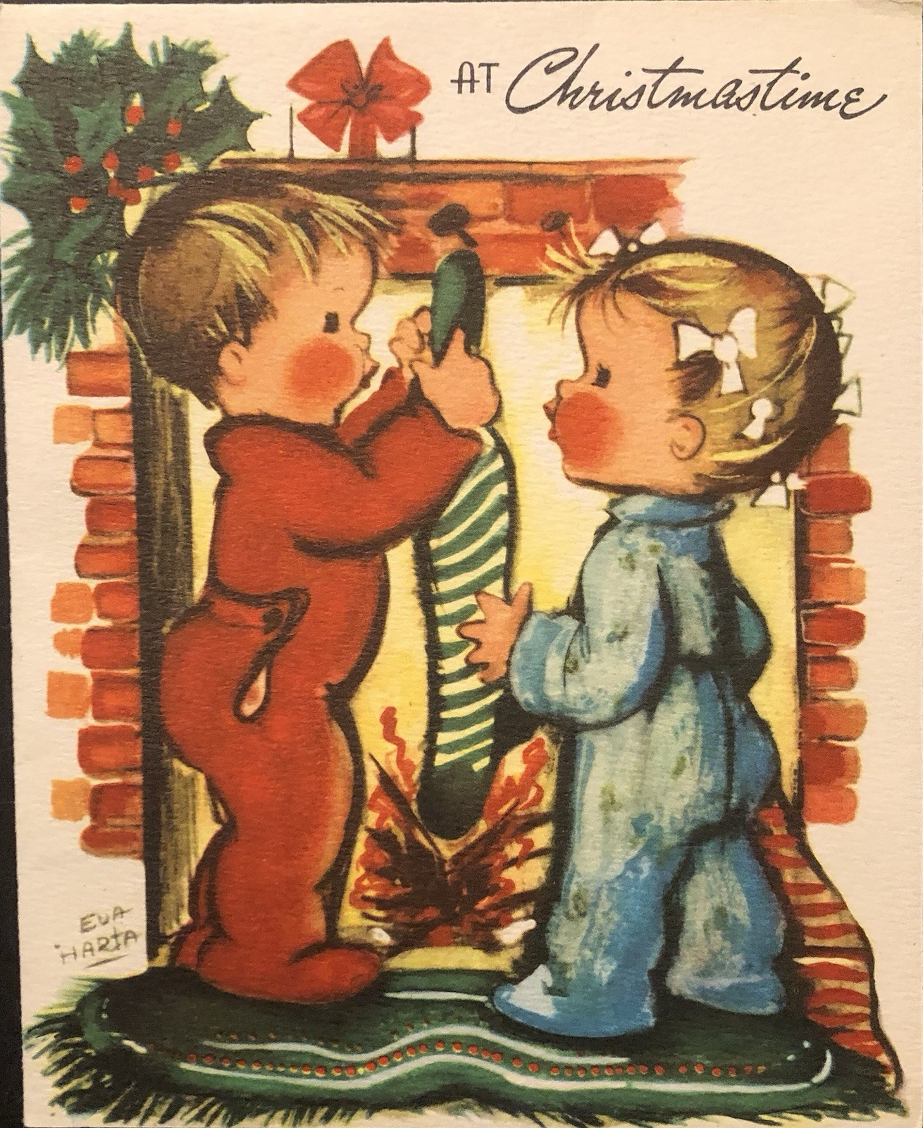 Vtg Christmas Greeting Card Adorable Children Hanging Stocking In PJs ~Eva Harta Vtg Christmas Greeting Card Adorable Children Hanging Stocking In PJs ~Eva Harta