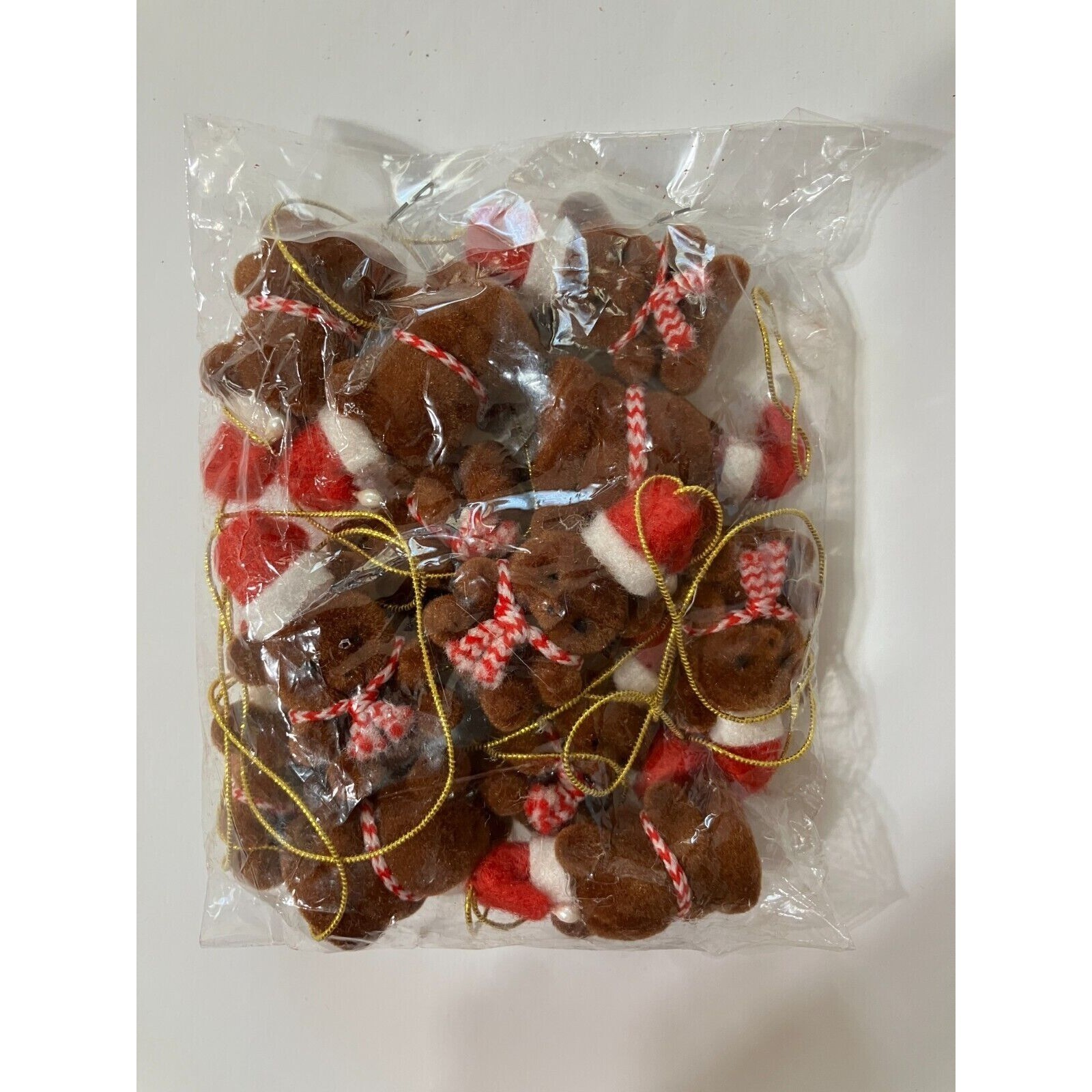 Vintage Set of 12 Tiny Teddy Bears Flocked Plastic Christmas Ornaments