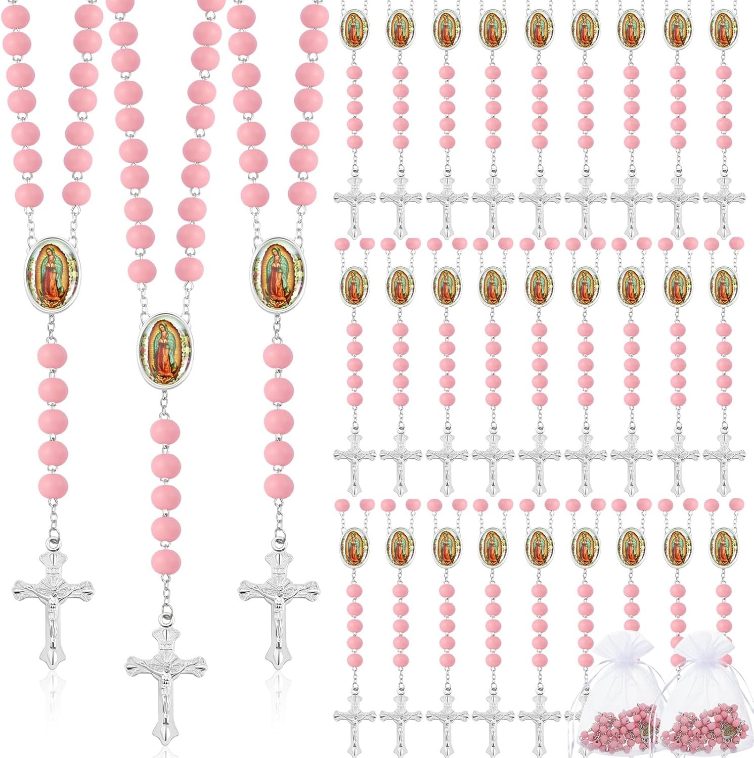 36 Pcs Wooden Bead Rosary Necklace with Crucifix and Our Lady of Guadalupe 