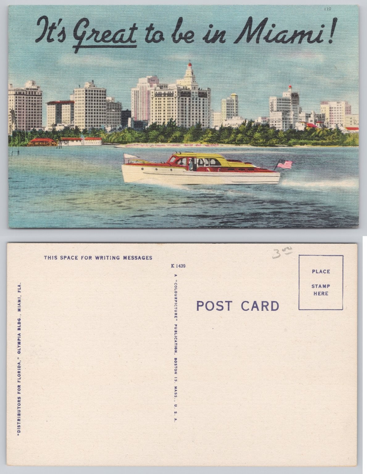 Vintage Miami Florida Skyline Linen Postcard - Colourpicture Boat View